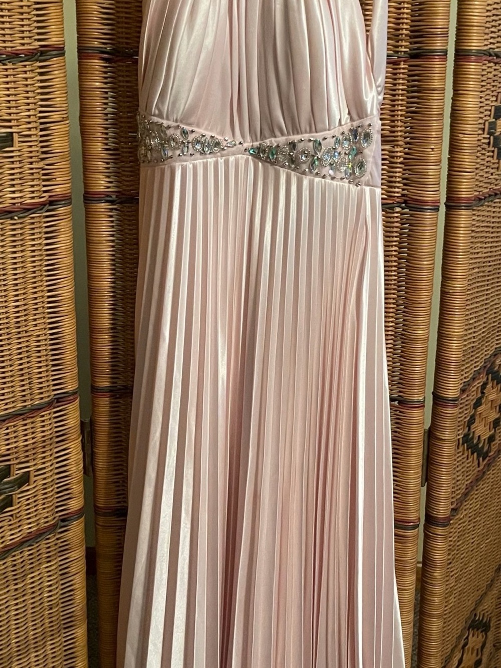 Blush Pink Pleated Evening Gown with Beaded Waist
